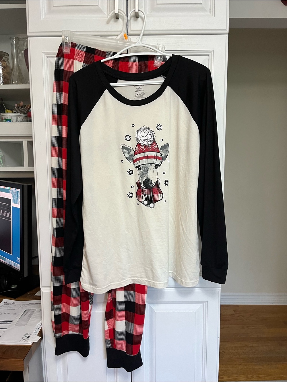 Charisma Black, White & Red Buffalo Plaid Reindeer Pajama Set
